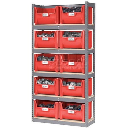Global Industrial Steel Boltless Wood Deck Shelving With 10 Plastic Hopper Bins Red, 42x15x84 238203RD